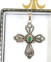 Antiker Kreuz Anhänger um 1880 aus Silber vergoldet mit Smaragd Diamanten A3220