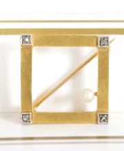 Edle antike Art Deco Brosche aus 585/000 Gelbgold mit Diamanten und Perle B3411
