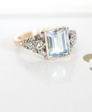 Antiker Art Deco Ring Aquamarin + Diamanten 750/000 Gelbgold + Platin B3458
