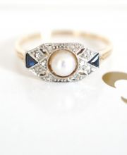 Antiker Art Deco Ring mit Diamanten + Saphir in 585/000 Gelbgold + Platin B3476