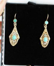 Antike schöne Art Deco Ohrringe mit Türkisen + Diamanten 585/000 Gelbgold B3496