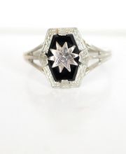 Antiker Art Deco Ring Freimaurer / Masonic aus 10ct Weissgold mit Onyx B3529