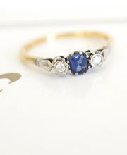 Antiker englischer Art Deco Ring Saphir + Diamanten 750 Gelbgold + Platin B3564