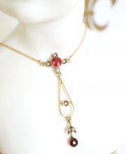Antikes englisches Jugendstil Collier 9ct Gelbgold mit Granat + Perlen B3607