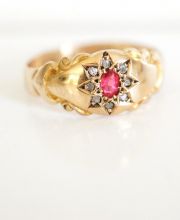 Antiker englischer Jugendstil Ring Granat Diamanten 375 Gelbgold von 1909 B3602