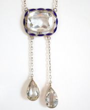 Antike Art Deco Collier Lavaliere aus Silber mit Aquamarinen + Emaille B3631