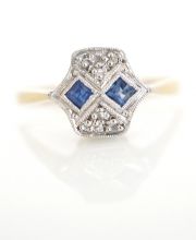 Edler antiker Art Deco Ring mit Saphiren + Diamant 750 Gelbgold + Platin B3749