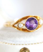 Edler antiker Art Deco Ring mit Amethyst + Perlen aus 750 Gelbgold B3780