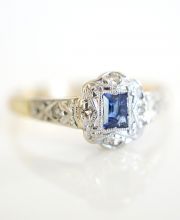 Edler antiker Art Deco Ring Saphir + Diamanten 750 Gelbgold + Platin B3765