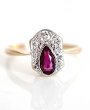Antiker Art Deco Ring mit Rubin + Diamanten in 750/000 Gelbgold + Platin B3859