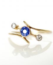 Antiker Art Deco Ring mit Saphir + Diamanten in 750/000 Gelbgold + Platin B3908