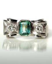 Art Deco Ring mit Smaragd + 0,40ct Brillanten 585/000 Weissgold Gelbgold B3894