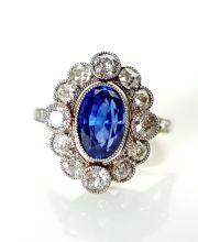 Antiker Ring der Belle Epoque mit Saphir + Diamanten in 750 Gelbgold + Platin B3012
