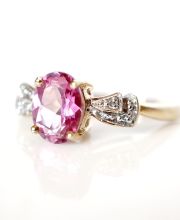 Schner englischer vintage Ring mit rosa Topas und Diamanten 375 Gelbgold B4141