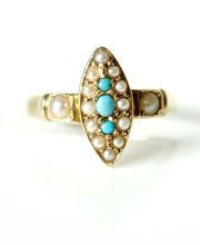 Antiker Ring England von 1901 aus 750/000 Gelbgold mit Trkisen und Perlen B4173