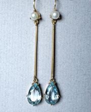 Antike edle britische Art Deco Ohrringe aus 15ct Gelbgold mit Aquamarin B4191