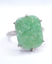 Antiker englischer Art Deco Ring aus 9ct Weissgold mit grner Jade B4248