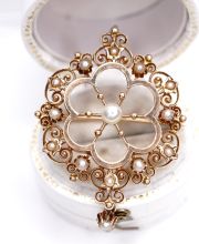 Antike schne grosse Brosche/Anhnger aus 585 Gelbgold mit Perlen um 1900 B4286