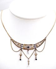 Antikes Jugendstil-Art Deco Collier vergoldet mit blauen Steinen um 1920 B4257
