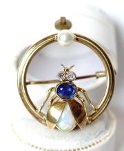 Antike grosse Art Deco Brosche Fliege 585 Gelbgold Saphir-Opal-Diamanten B4261