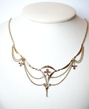 Antikes Jugendstil Collier vergoldet mit roten Steinen + Perlen um 1900 B4258