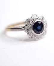 Wundersch�ner antiker Ring mit Saphir + Diamanten 750 Gelbgold + Platin B4315