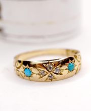 Antiker Ring England 1900 aus 750/000 Gelbgold mit T�rkisen + Diamanten B4316