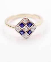 Antiker Art Deco Ring mit Brillanten + Saphiren in 750 Gelbgold + Platin B4320