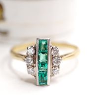 Antiker Art Deco Ring mit Brillanten + Smaragd 750 Gelbgold + Platin B4366