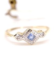 Antiker englischer Art Deco Ring Saphir + Diamanten 750 Gelbgold + Platin B4368