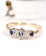 Antiker britischer Art Deco Ring 15ct Gelbgold + Weissgold mit Saphiren B4437