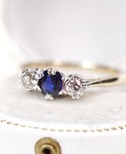 Antiker britischer Art Deco Ring 750 Gelbgold + Platin Saphir + Diamanten B4435