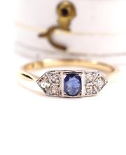 Antiker britischer Art Deco Ring 750 Gelbgold + Platin Saphir + Diamanten B4446