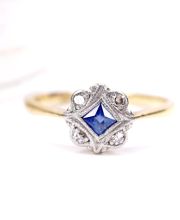Antiker britischer Art Deco Ring 750 Gelbgold + Platin Saphir + Diamanten B4438