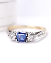 Sch�ner antiker Ring mit Saphir und Diamanten 750 Gelbgold + Platin B4440