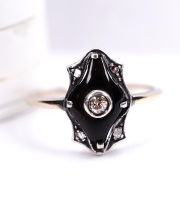 Antiker Art Deco Ring mit Diamanten + Onyx 585 Gelbgold Silber , Wien B4473