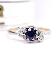 Wundesch�ner antiker Ring mit Saphir + Diamanten 750 Gelbgold + Platin B4512