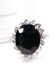 Stattlicher englischer vintage Ring Saphir + Diamanten 375/000 Gelbgold B4526